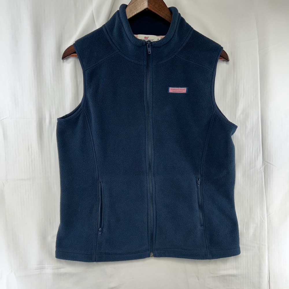 Vineyard Vines Fleece Vest Womens Medium Navy Blue Full Zip Mock Neck Logo